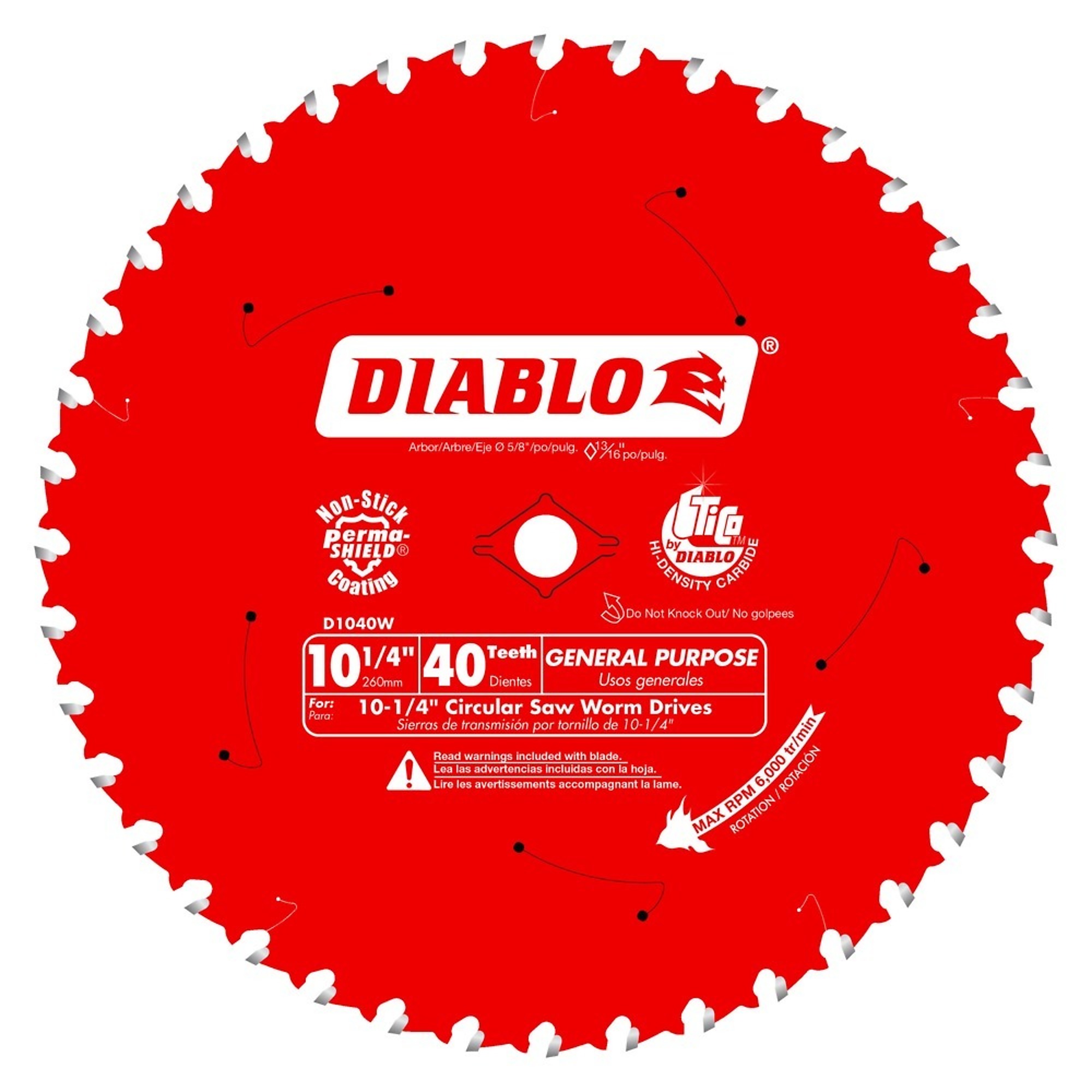 Diablo, 10 1/4 x40 GP Beam Saw Blade, Blade Diameter 10 1/4 in, Teeth Per Inch 40 TPI, Included (qty.) 1, Model# D1040W